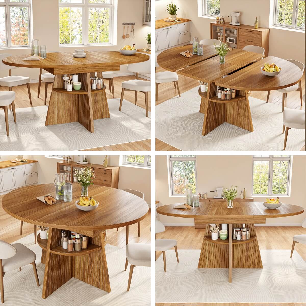 Extendable Round Dining Table 110–150cm - Dark Brown Kitchen Table Converts to Oval, Seats 8