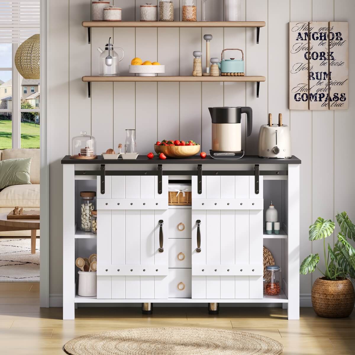 Rustic Wood Sideboard with Storage - 120cm Cabinet with Sliding Doors & 3 Drawers