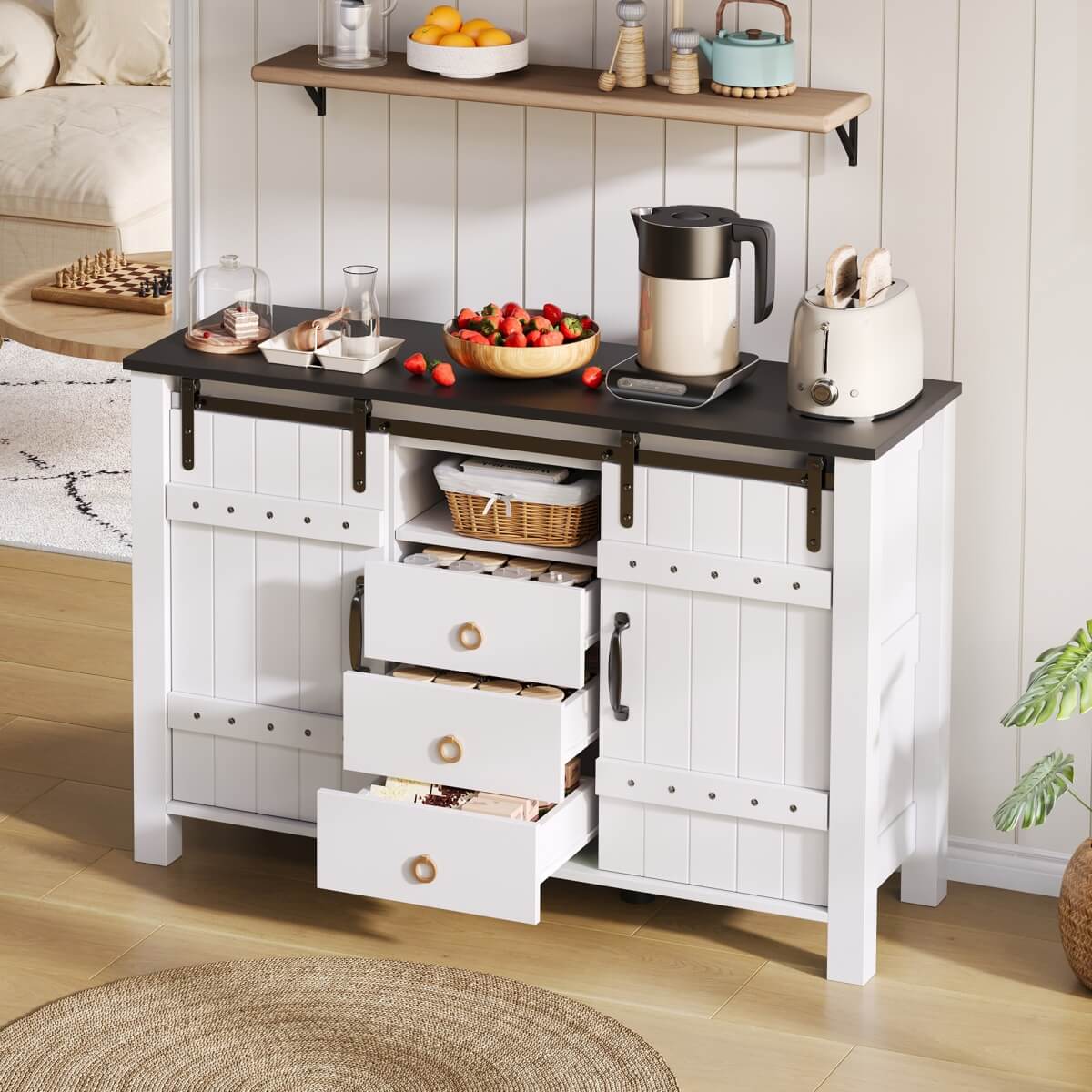 Rustic Wood Sideboard with Storage - 120cm Cabinet with Sliding Doors & 3 Drawers