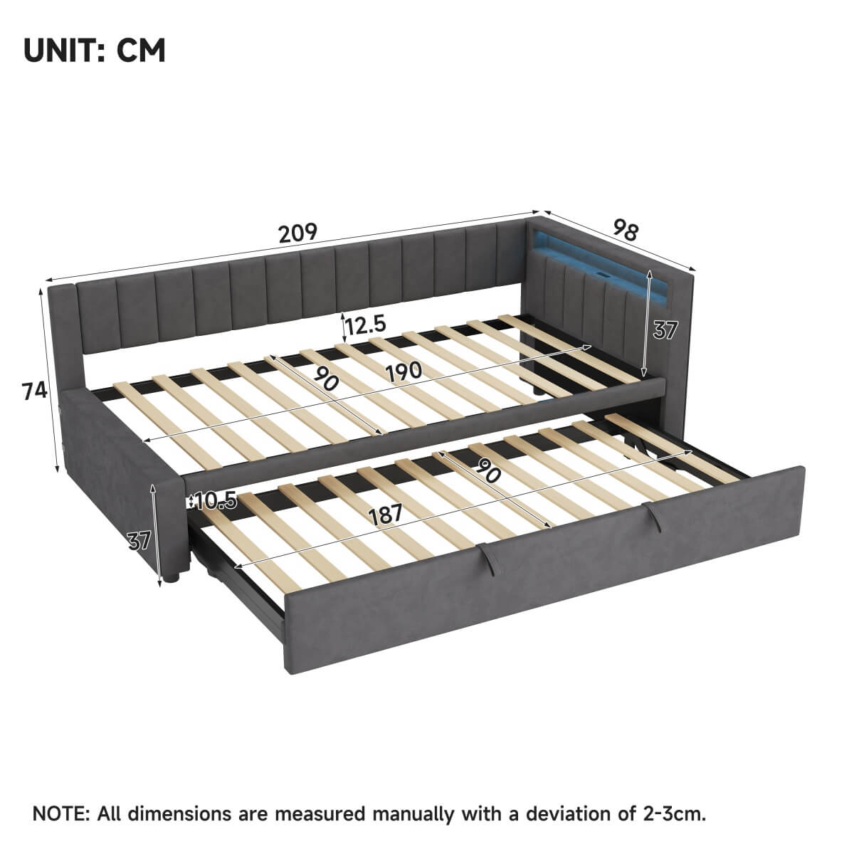3ft Single Velvet Daybed with Trundle - Reversible Sofa Bed with RGB LED Lights and Charging Station, Grey