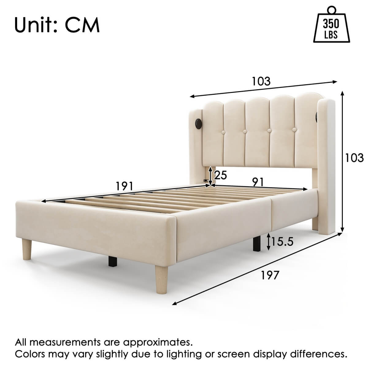 3ft Single Upholstered Bed - Velvet Bed Frame with USB & Type-C Charging, Wooden Slats, Beige