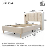 3ft Single Upholstered Bed - Velvet Bed Frame with USB & Type-C Charging, Wooden Slats, Beige