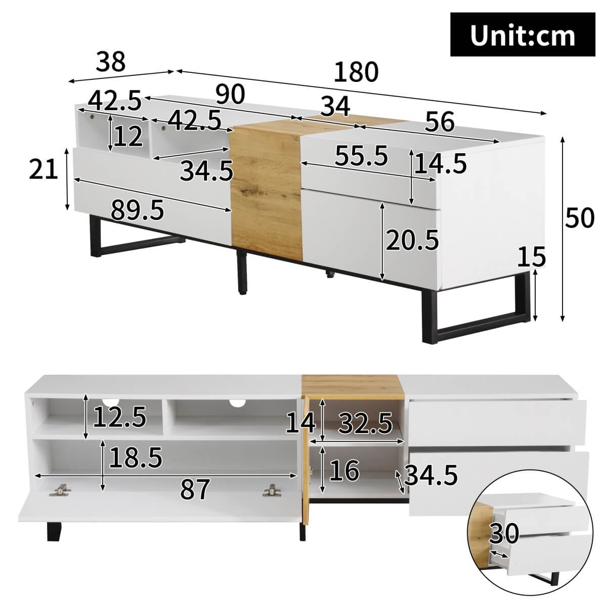 180cm TV Unit with Storage - Modern White & Wood Effect Media Cabinet
