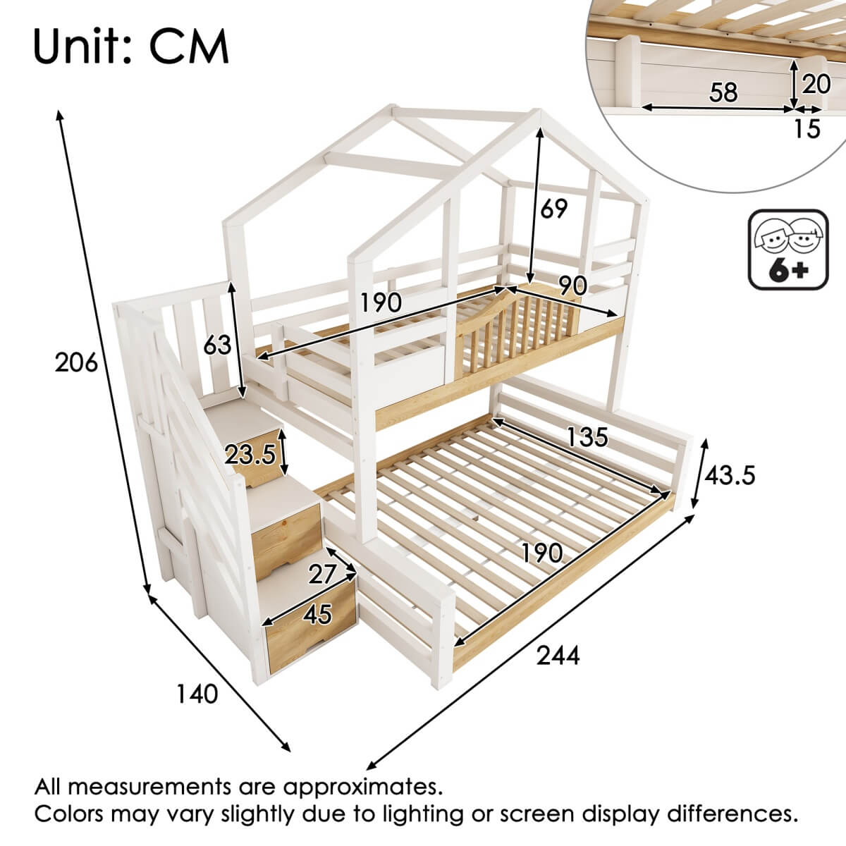 Kids Bunk Bed with Stairs - Storage Drawers, House Design, Solid Wood, White and Natural