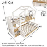 Kids Bunk Bed with Stairs - Storage Drawers, House Design, Solid Wood, White and Natural