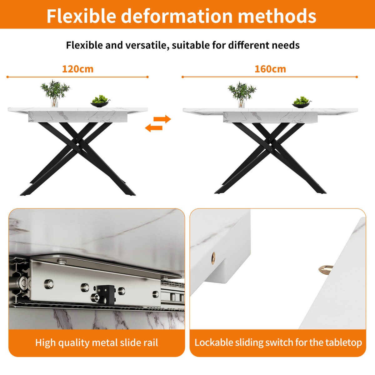 Extendable Dining Table 120–160 cm – Space-Saving Telescopic Table with Crossed Metal Legs, Marble Effect Top