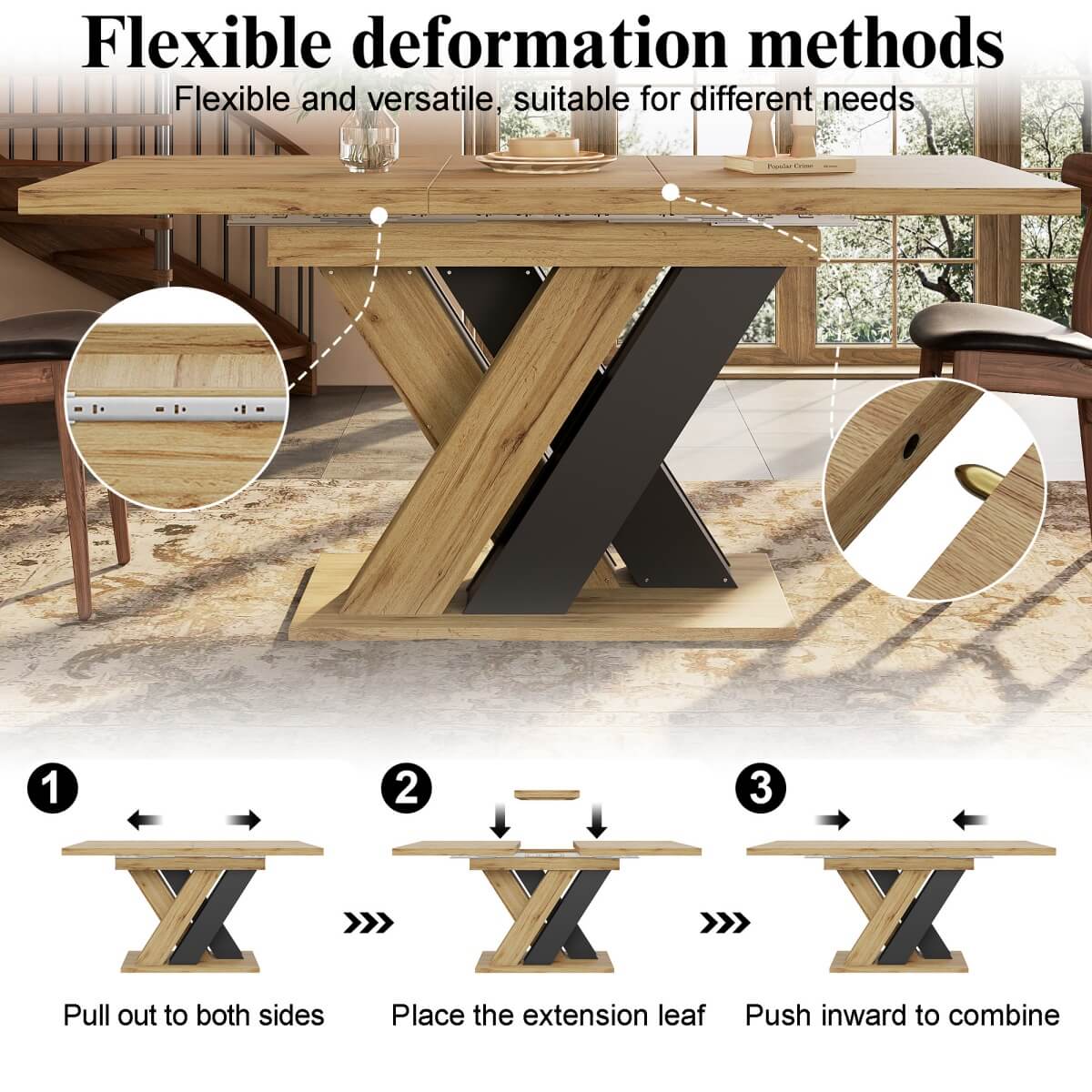 Extendable Wood-Coloured Dining Table with X-Shaped Legs – Telescopic Kitchen & Living Room Table