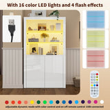White High Gloss Display Cabinet - Tall Storage Cupboard with Tempered Glass Shelves, Doors & LED Lights