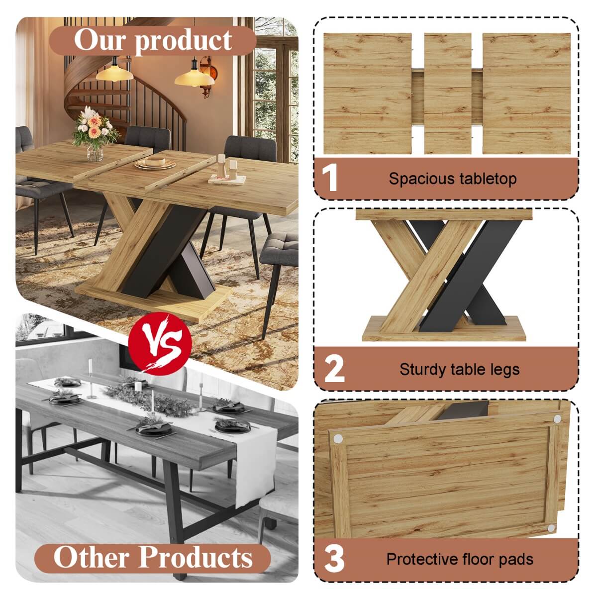 Extendable Wood-Coloured Dining Table with X-Shaped Legs – Telescopic Kitchen & Living Room Table