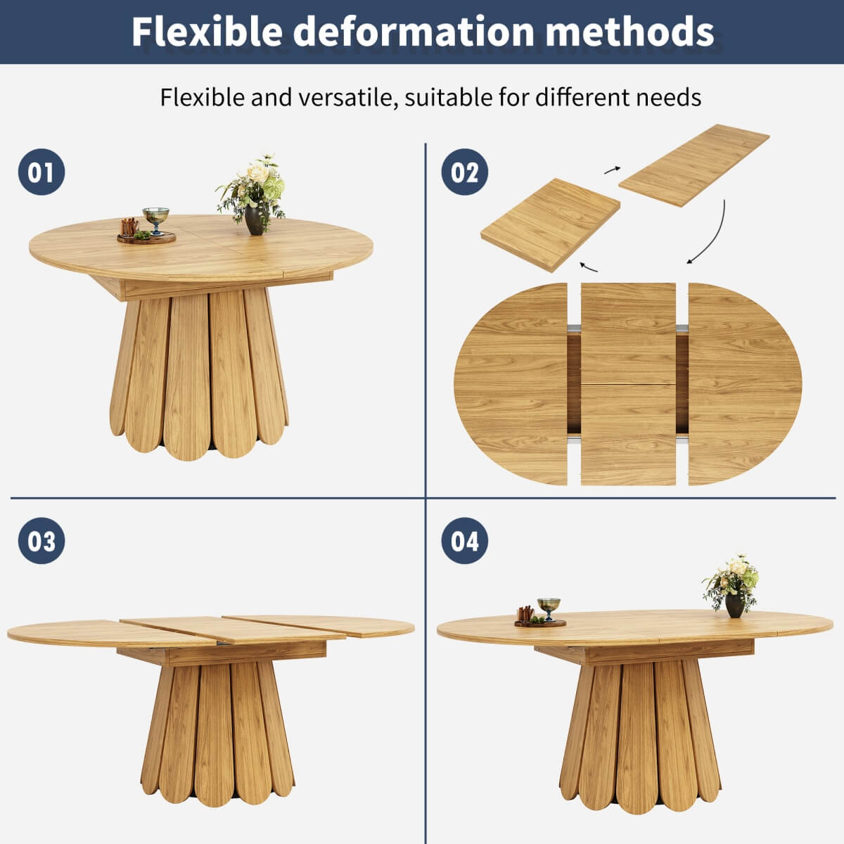 Extendable Dining Table – Round to Oval, Seats 6, 118–158cm, Natural Wood
