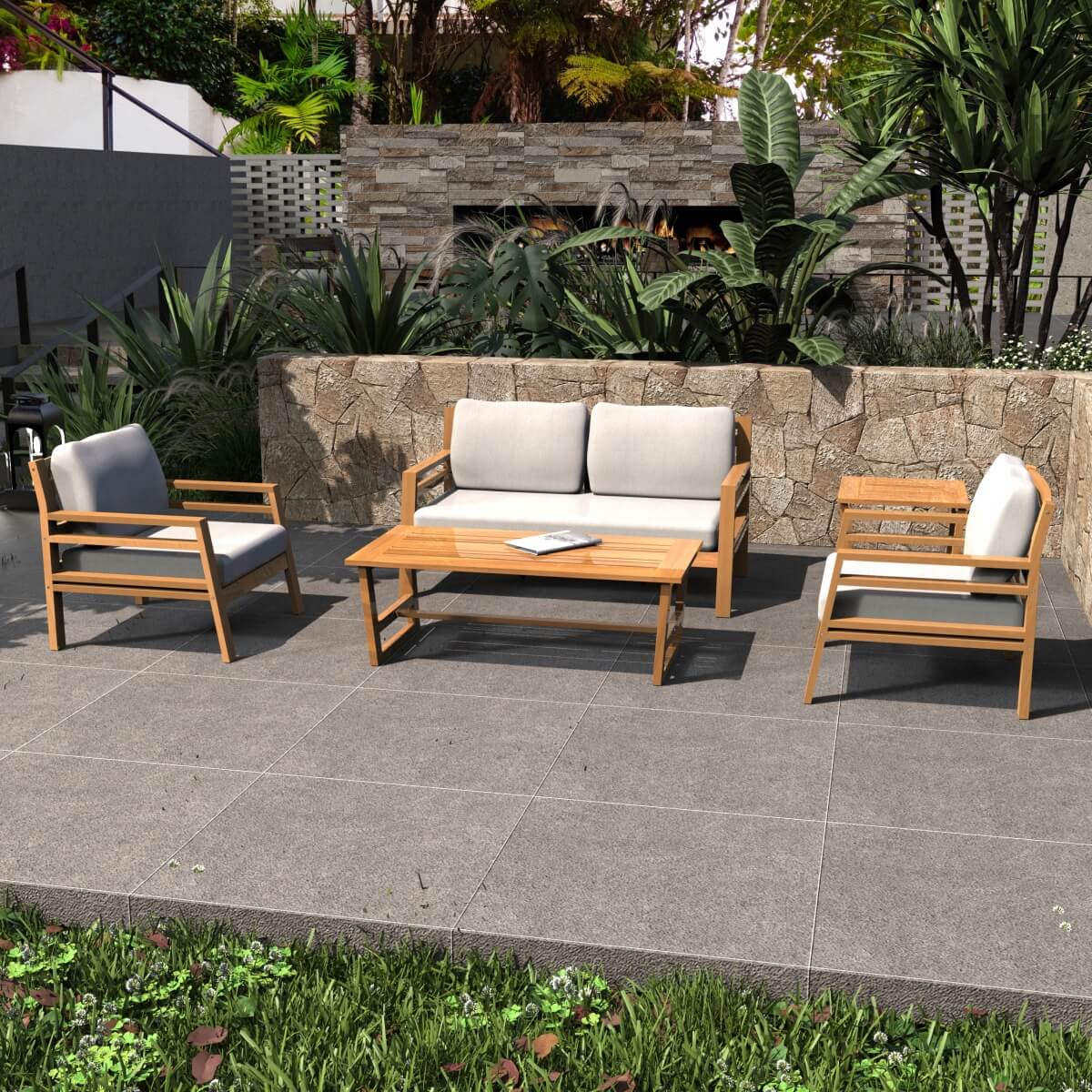 4-Seater Solid Wood Outdoor Sofa Set - Garden Lounge with Coffee Table and Side Table