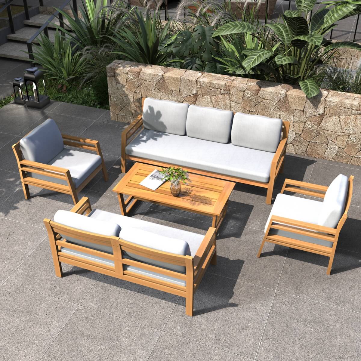 7-Seater Acacia Wood Outdoor Sofa Set – Solid Wood Garden Lounge