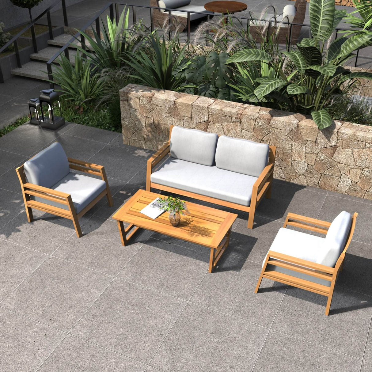 4-Seater Acacia Wood Outdoor Sofa Set – Solid Wood Garden Lounge with Coffee Table – Abrihome UK