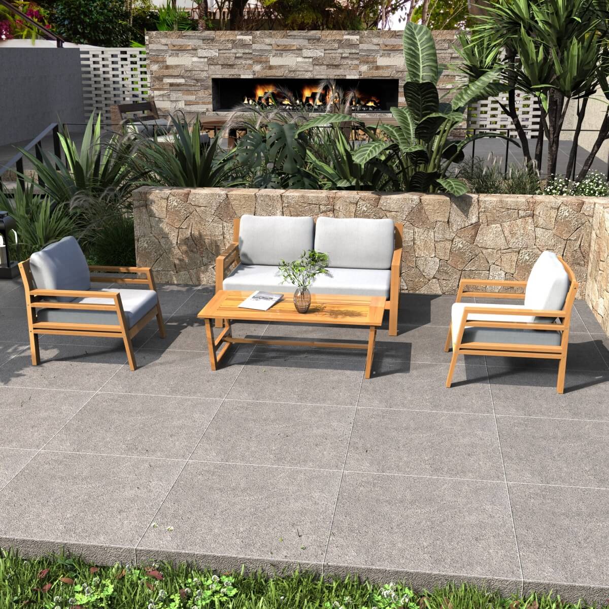 4-Seater Acacia Wood Outdoor Sofa Set – Solid Wood Garden Lounge with Coffee Table