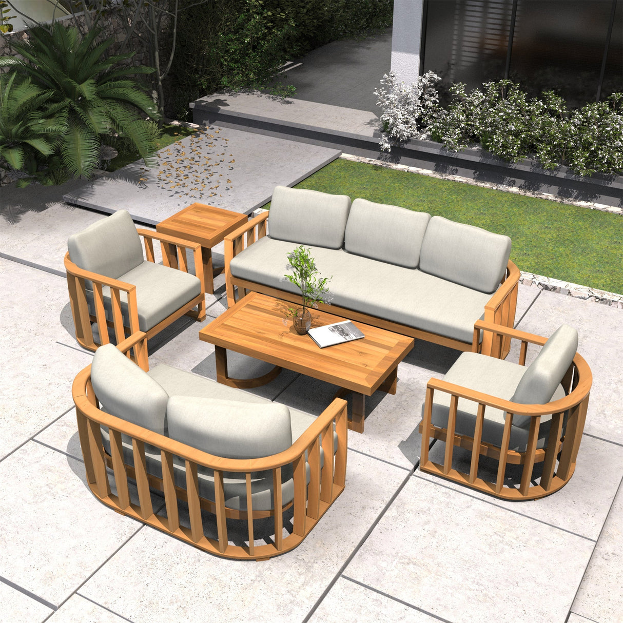 7-Seater Wood Patio Conversation Set with Footstool