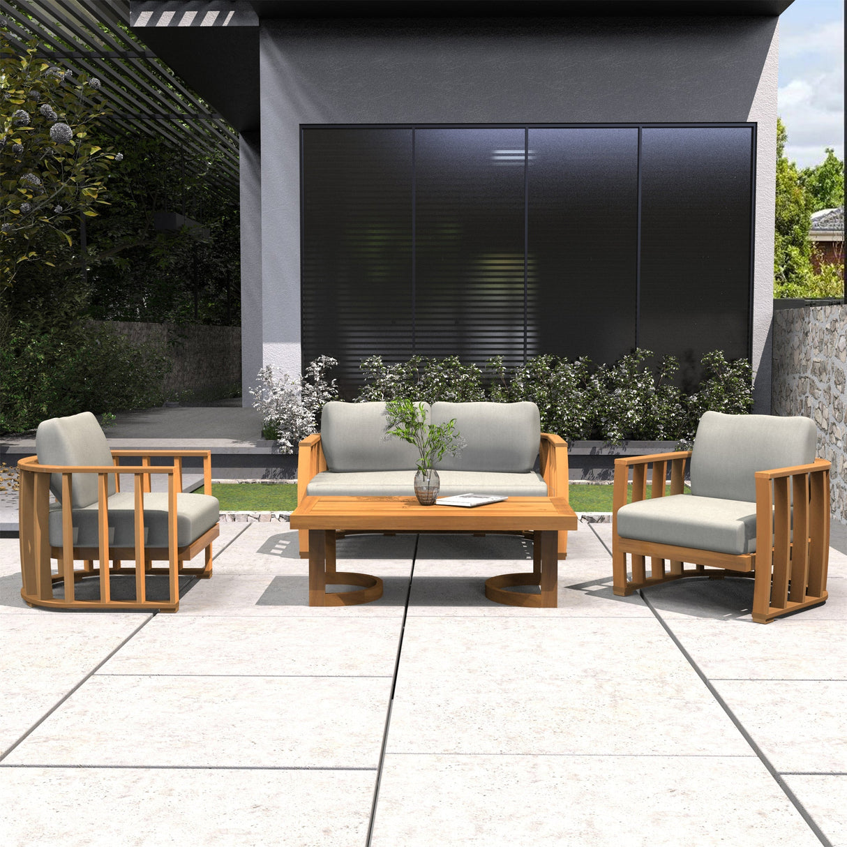 4-Seaer Wood Patio Conversation Set