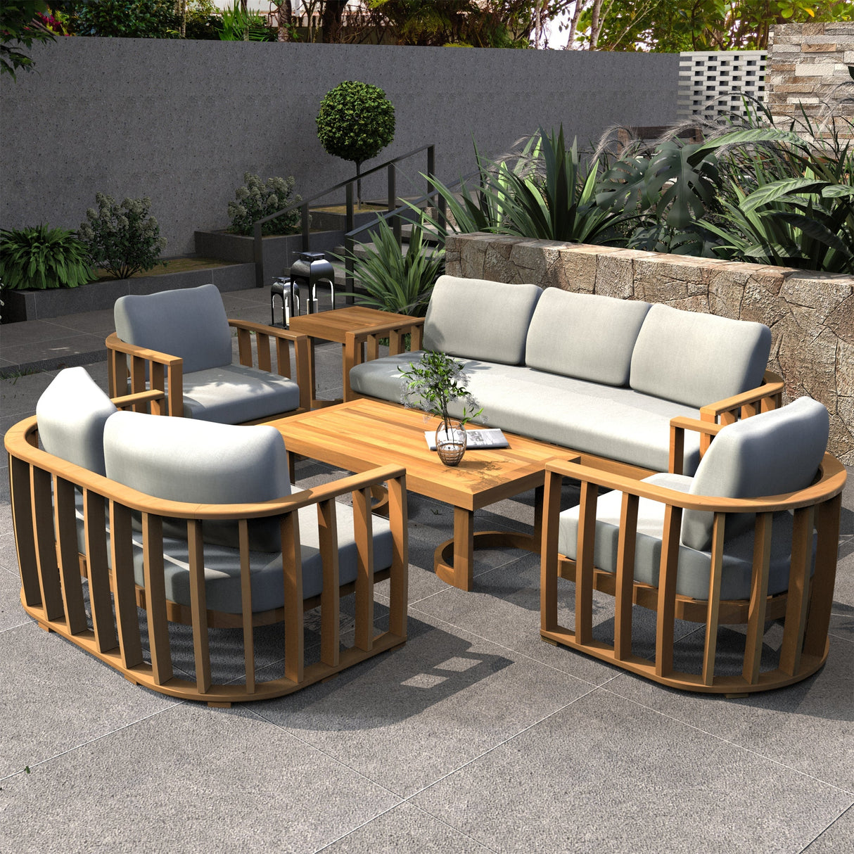 7-Seater Wood Patio Conversation Set with Footstool