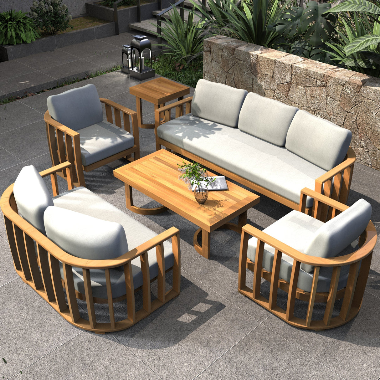 7-Seater Wood Patio Conversation Set with Footstool