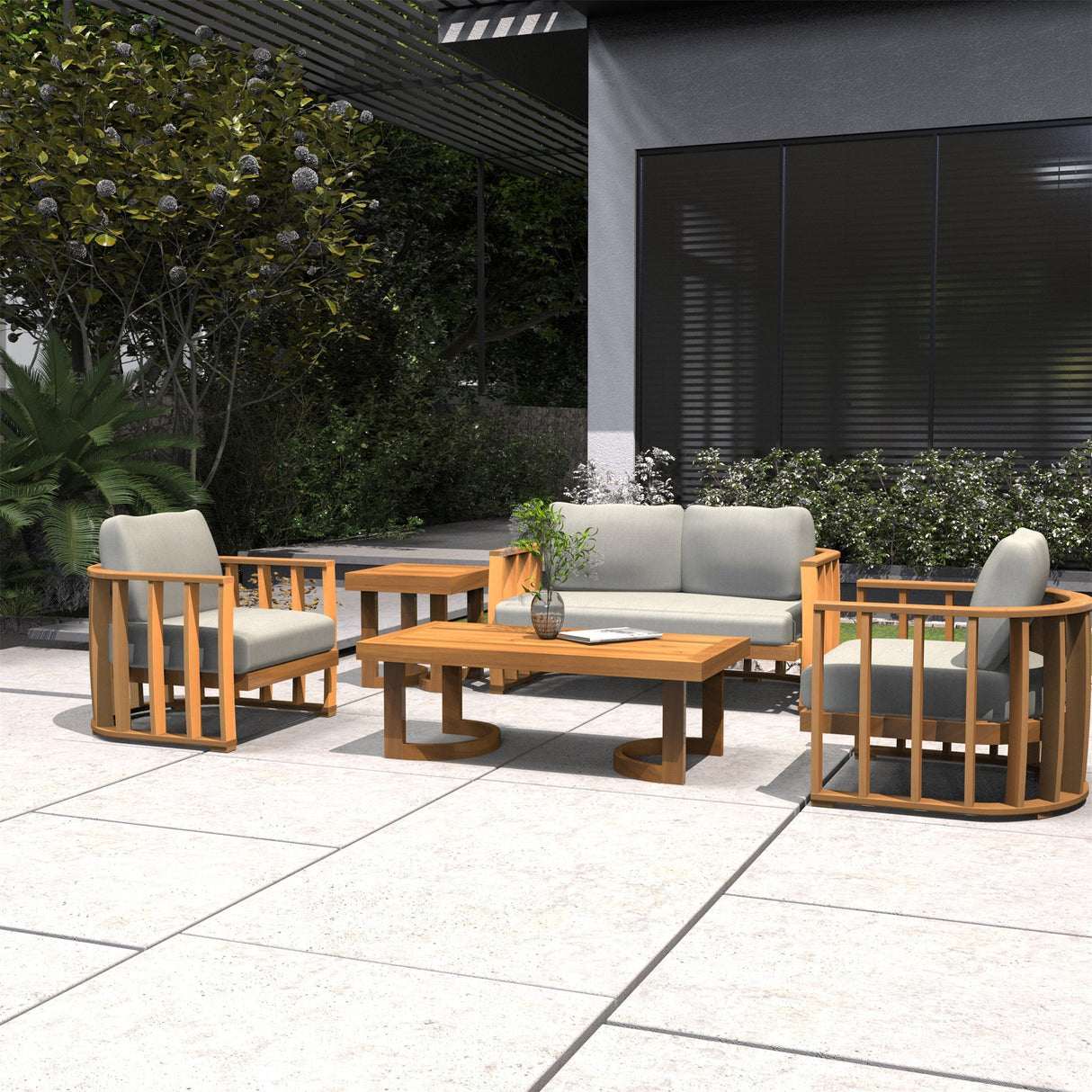 4-Seater Wood Patio Conversation Set with Footstool