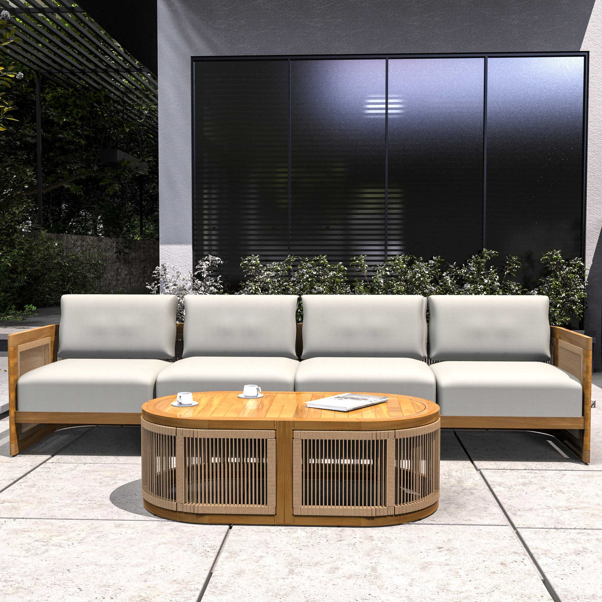 Solid Acacia 4-Seater Sofa with Oval Coffee Table (PAS-2516-LS+RS+OTA)