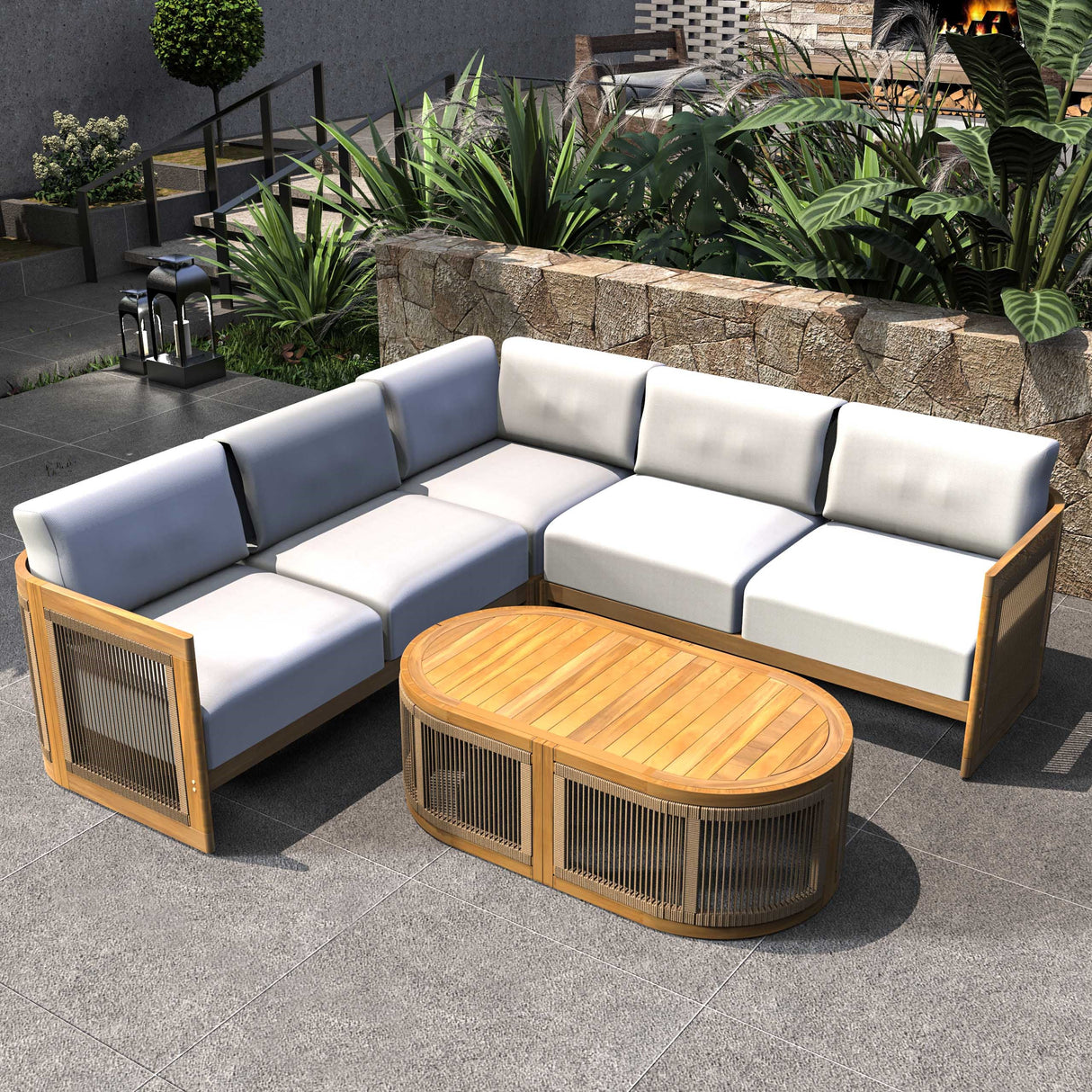 L-Shape 4-Seater Solid Acacia Modular Sofa Set with Oval Coffee Table (PAS-2516-LS+CS+RS+OTA)
