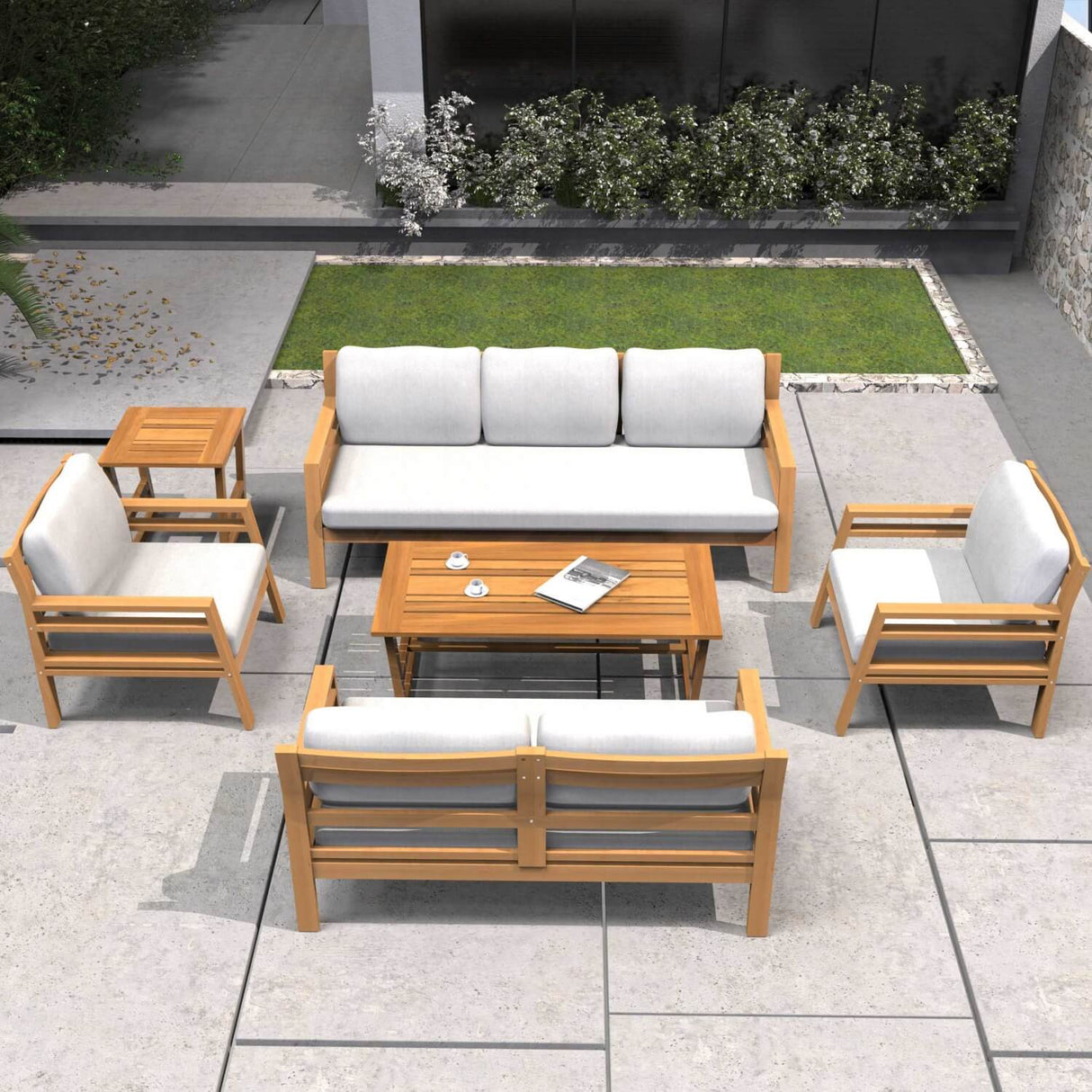 7-Seater Acacia Wood Outdoor Sofa Set – Solid Wood Garden Lounge with Coffee Table and Side Table
