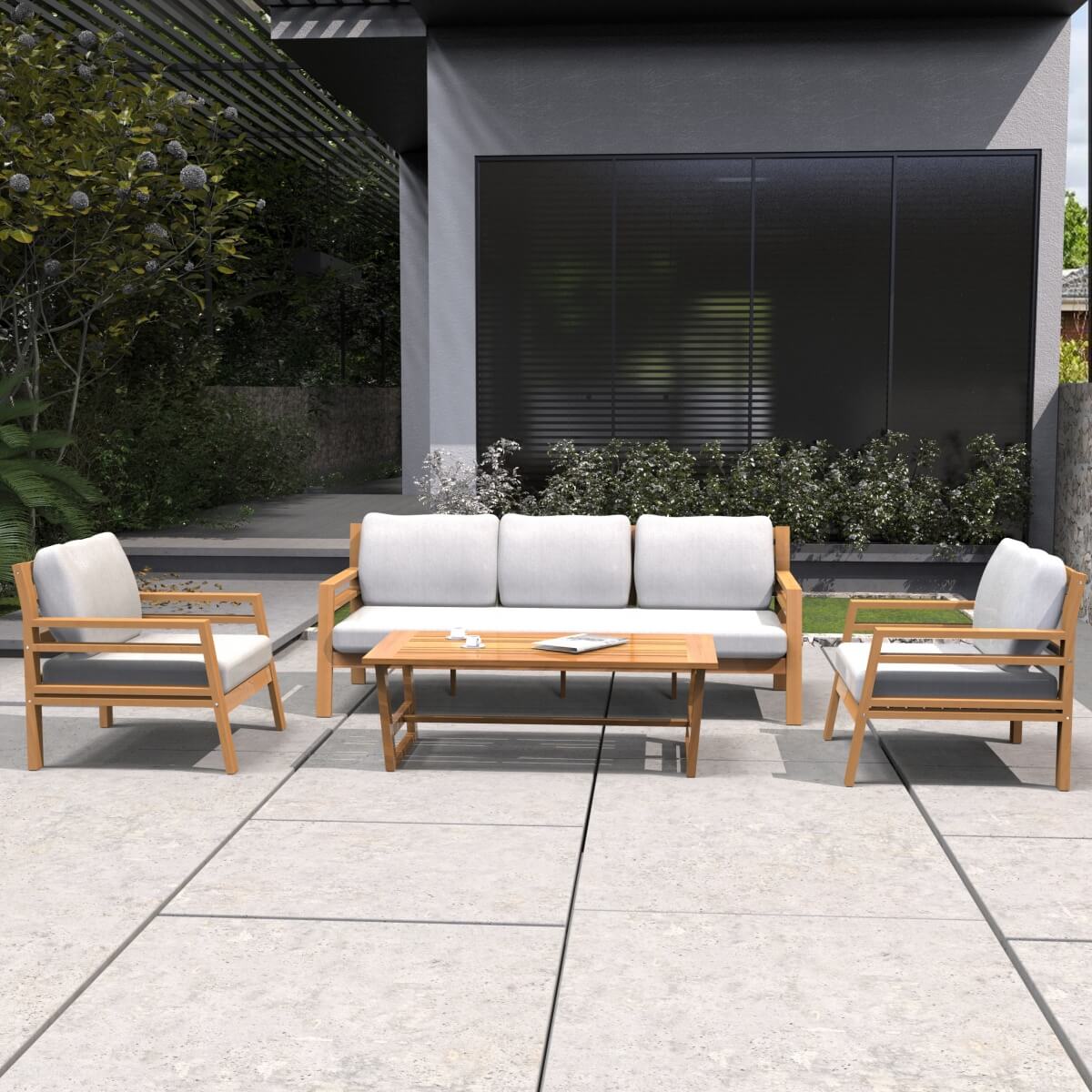 5-Seater Acacia Wood Outdoor Sofa Set – Solid Wood Garden Lounge with Coffee Table