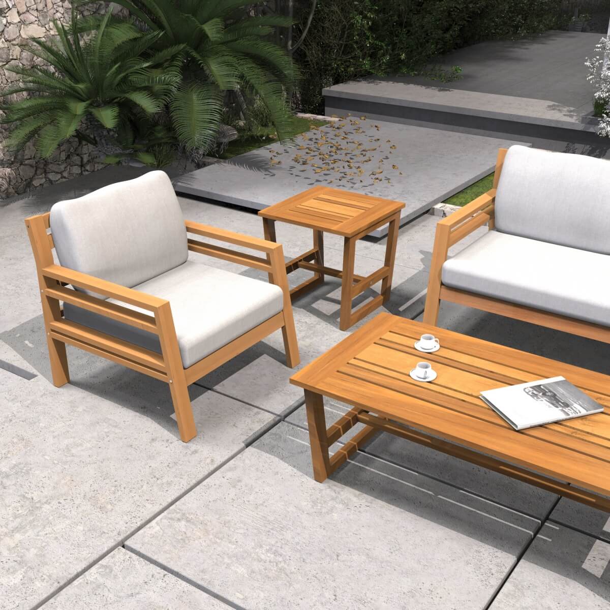 5-Seater Acacia Wood Outdoor Sofa Set – Solid Wood Garden Lounge with Coffee Table and Side Table