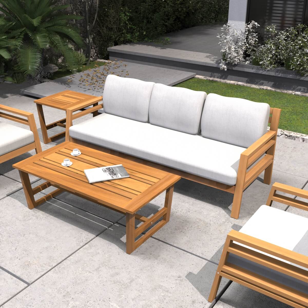 5-Seater Acacia Wood Outdoor Sofa Set – Solid Wood Garden Lounge with Coffee Table and Side Table