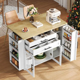 Kitchen Island Trolley - Foldable Worktop, Storage Shelves, Drawer, Wheels