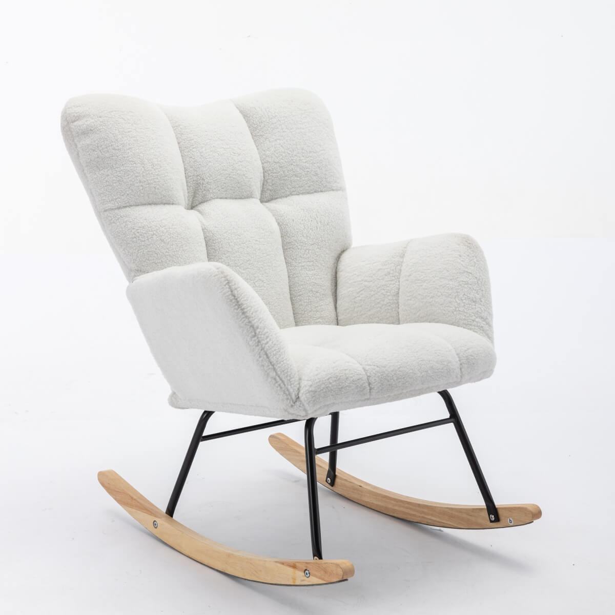 Teddy Fabric Upholstered Rocking Chair with Padded Seat and 2 Side Pockets - Tufted Nursery and Living Room Chair, Ivory White