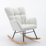 Teddy Fabric Upholstered Rocking Chair with Padded Seat and 2 Side Pockets - Tufted Nursery and Living Room Chair, Ivory White