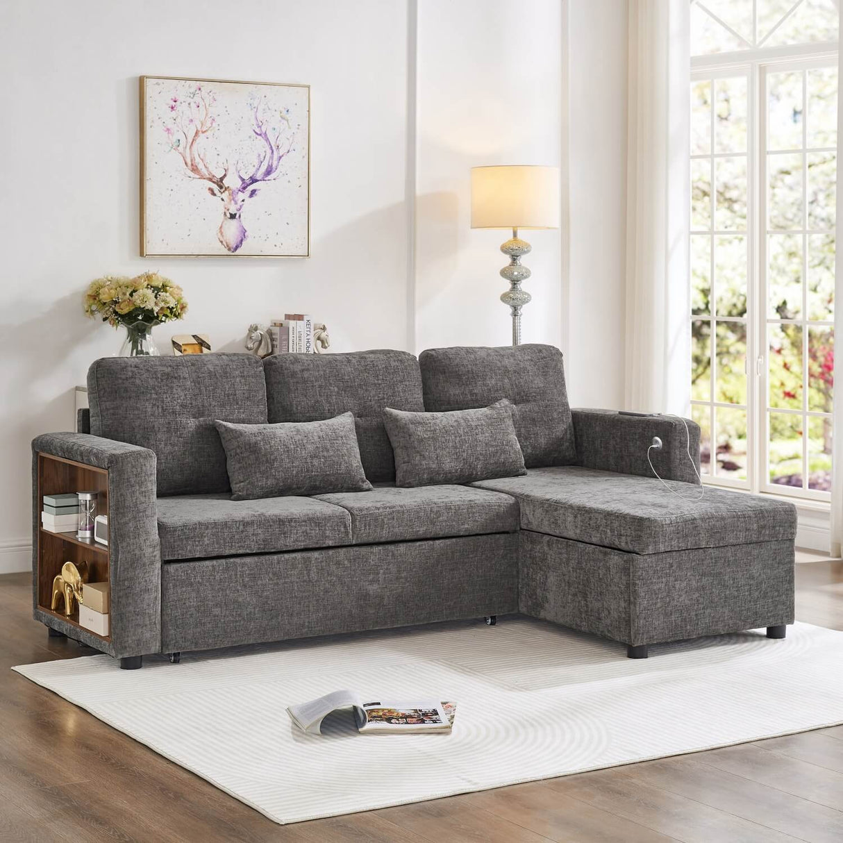 3-in-1 L-Shaped Sofa Bed - Grey Chenille Sectional Sleeper with Storage Chaise and USB/Type-C Charging