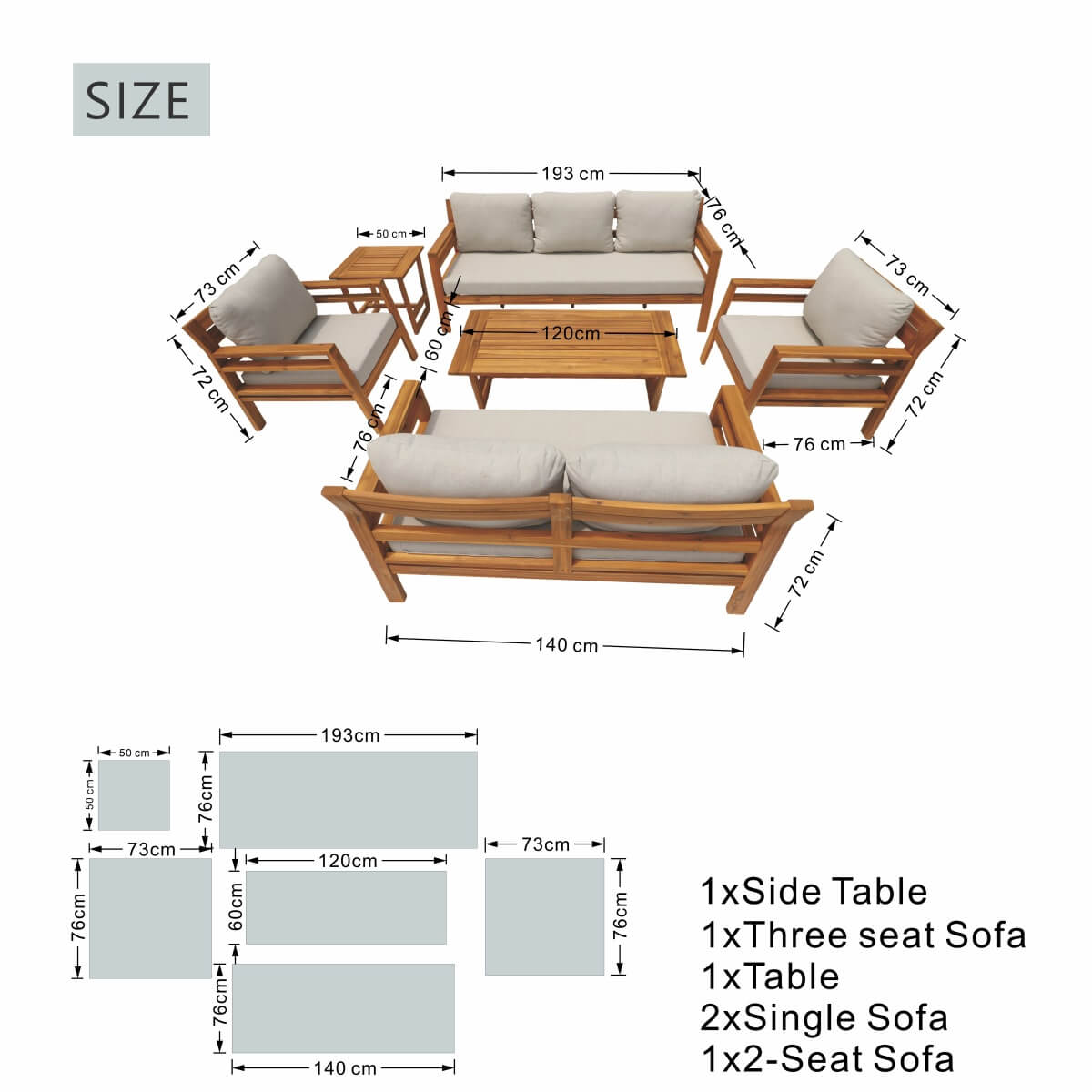 7-Seater Acacia Wood Outdoor Sofa Set – Solid Wood Garden Lounge with Coffee Table and Side Table