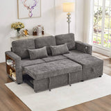 3-in-1 L-Shaped Sofa Bed - Grey Chenille Sectional Sleeper with Storage Chaise and USB/Type-C Charging