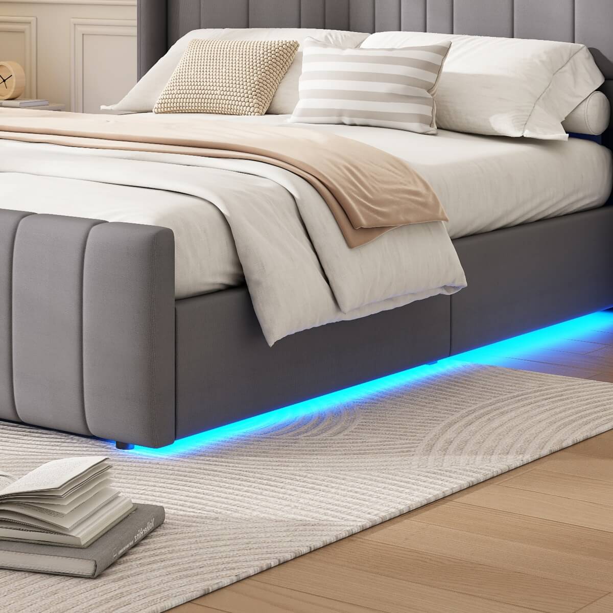 4ft6 Double Velvet Ottoman Storage Bed with LED Lighting - Upholstered Hydraulic Bed Frame with Plywood Base, Grey