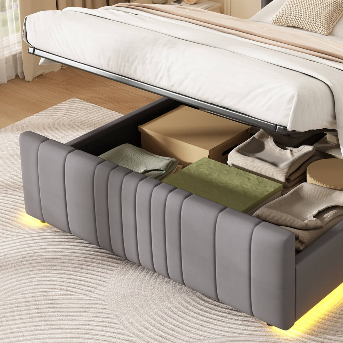4ft6 Double Velvet Ottoman Storage Bed with LED Lighting - Upholstered Hydraulic Bed Frame with Plywood Base, Grey