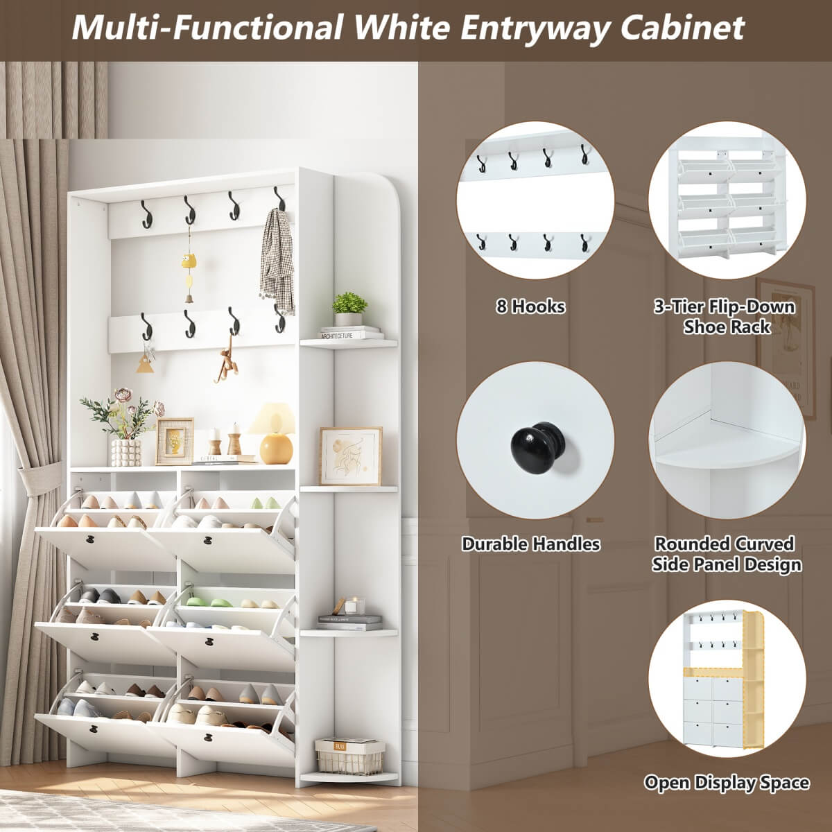 Hallway Storage Unit with Coat Rack - Shoe Cabinet with 6 Flip Drawers, 8 Hooks & 5 Shelves, White