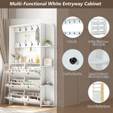 Hallway Storage Unit with Coat Rack - Shoe Cabinet with 6 Flip Drawers, 8 Hooks & 5 Shelves, White
