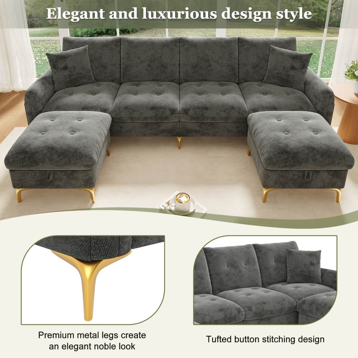 4 Seater U-Shaped Modular Sofa Bed with Storage Ottomans - Sleeper Sofa with 2 Storage Footstools and 2 Decorative Cushions, Grey