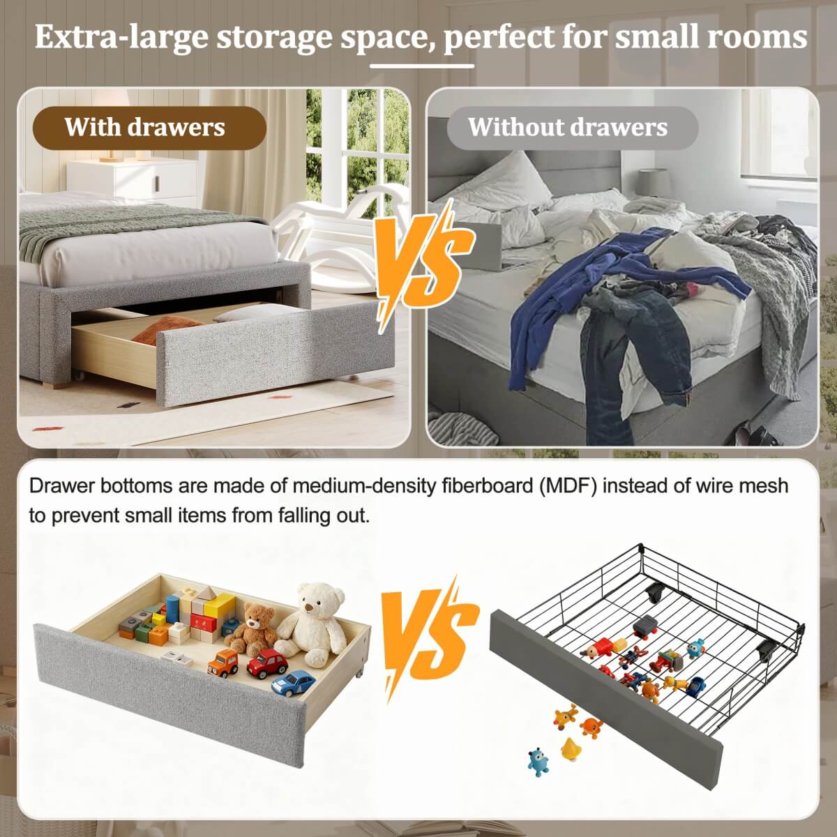 3FT Single Upholstered Chenille Bed - Slatted Frame with Storage & Headboard