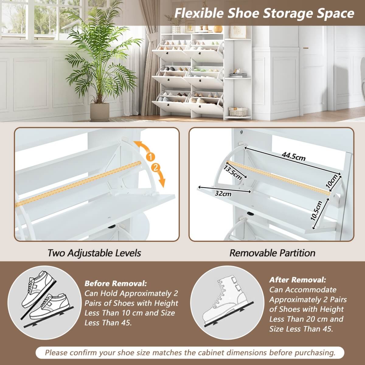 Hallway Storage Unit with Coat Rack - Shoe Cabinet with 6 Flip Drawers, 8 Hooks & 5 Shelves, White