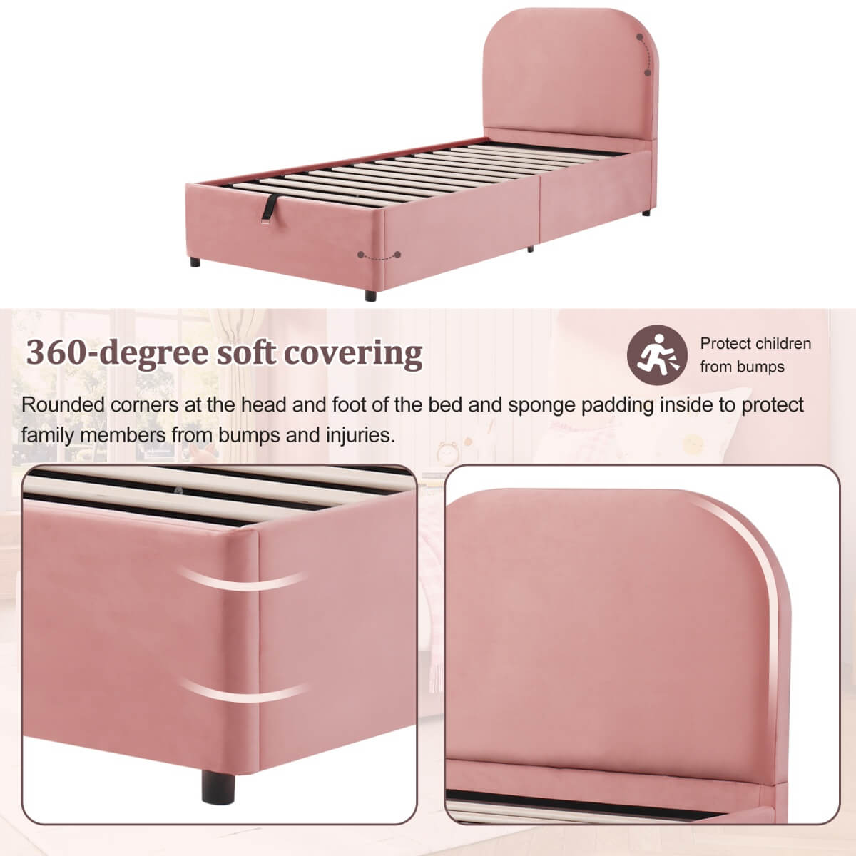 3FT Single Upholstered Velvet Bed - Hydraulic Storage with Headboard