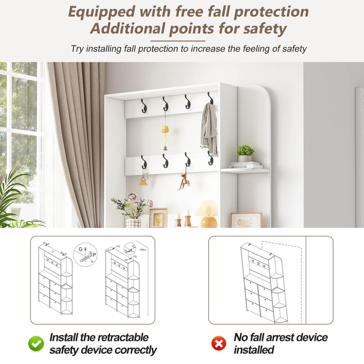 Hallway Storage Unit with Coat Rack - Shoe Cabinet with 6 Flip Drawers, 8 Hooks & 5 Shelves, White