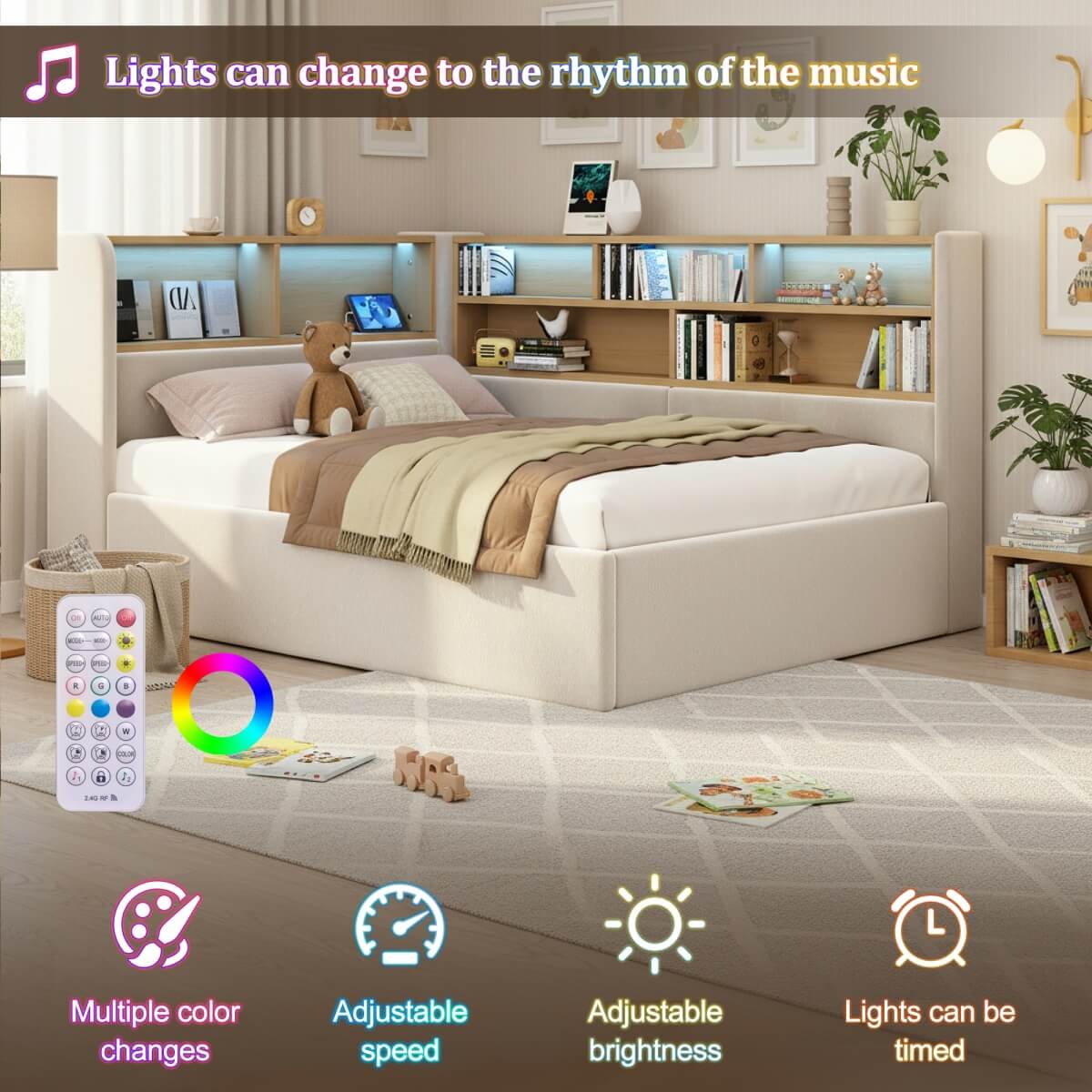 4ft6 Double Velvet Upholstered Daybed with Hydraulic Storage - L-Shaped Sofa Bed with LED Lights and USB Charging, Beige
