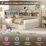 4ft6 Double Velvet Upholstered Daybed with Hydraulic Storage - L-Shaped Sofa Bed with LED Lights and USB Charging, Beige