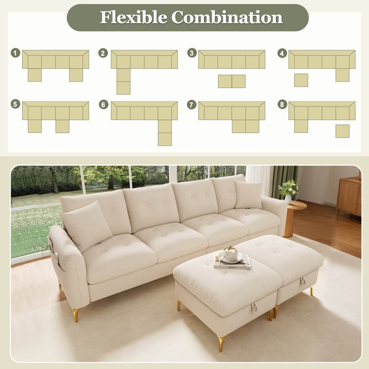 4 Seater U-Shaped Modular Sofa Bed with Storage Ottomans - Sleeper Sofa with 2 Storage Footstools and 2 Decorative Cushions, Beige