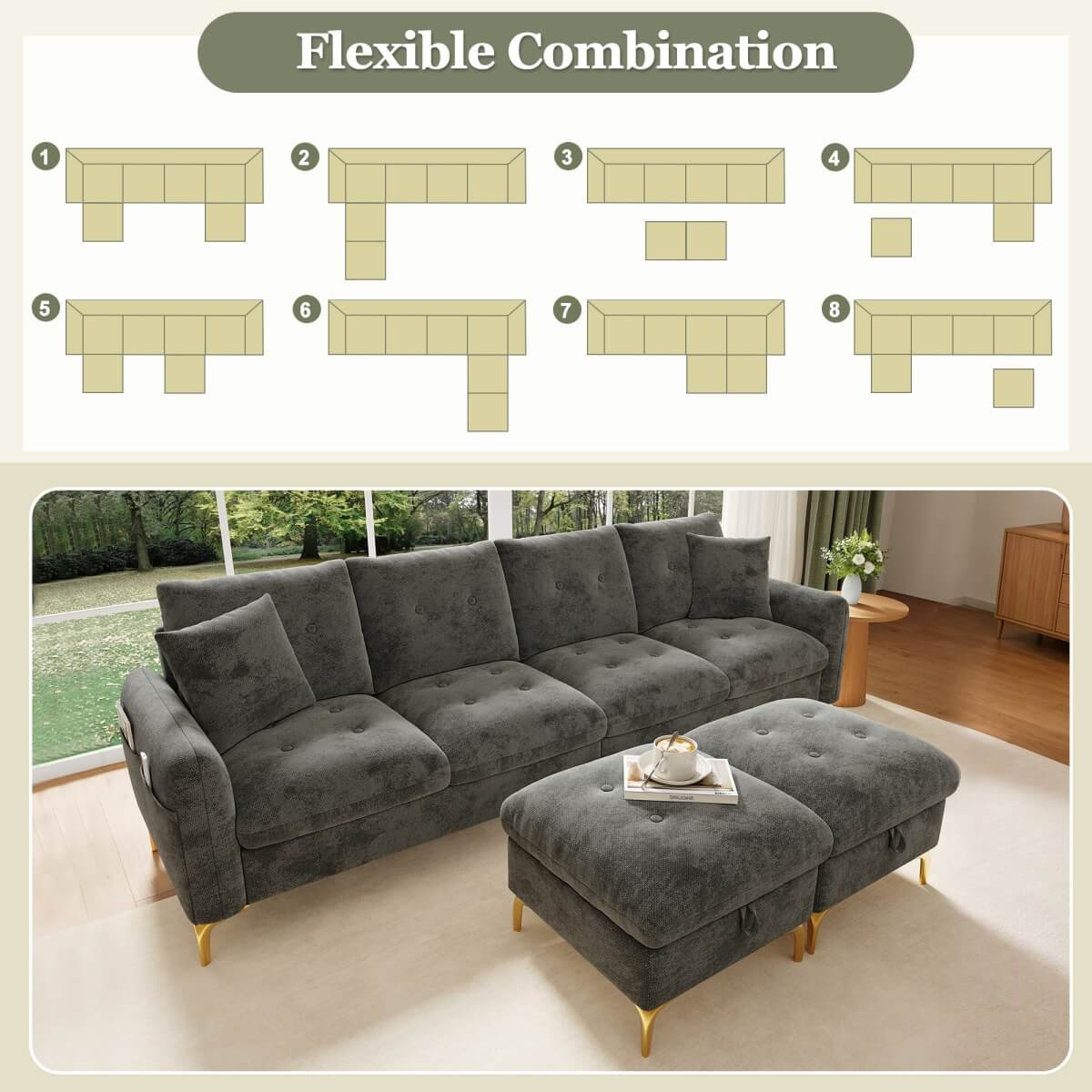 4 Seater U-Shaped Modular Sofa Bed with Storage Ottomans - Sleeper Sofa with 2 Storage Footstools and 2 Decorative Cushions, Grey