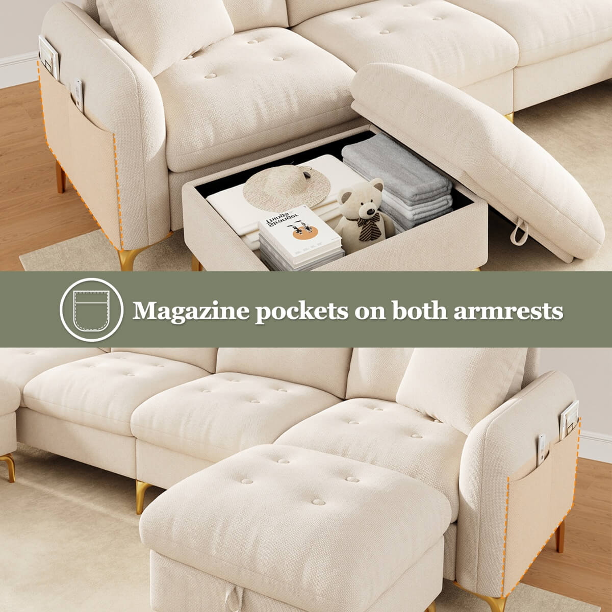 4 Seater U-Shaped Modular Sofa Bed with Storage Ottomans - Sleeper Sofa with 2 Storage Footstools and 2 Decorative Cushions, Beige