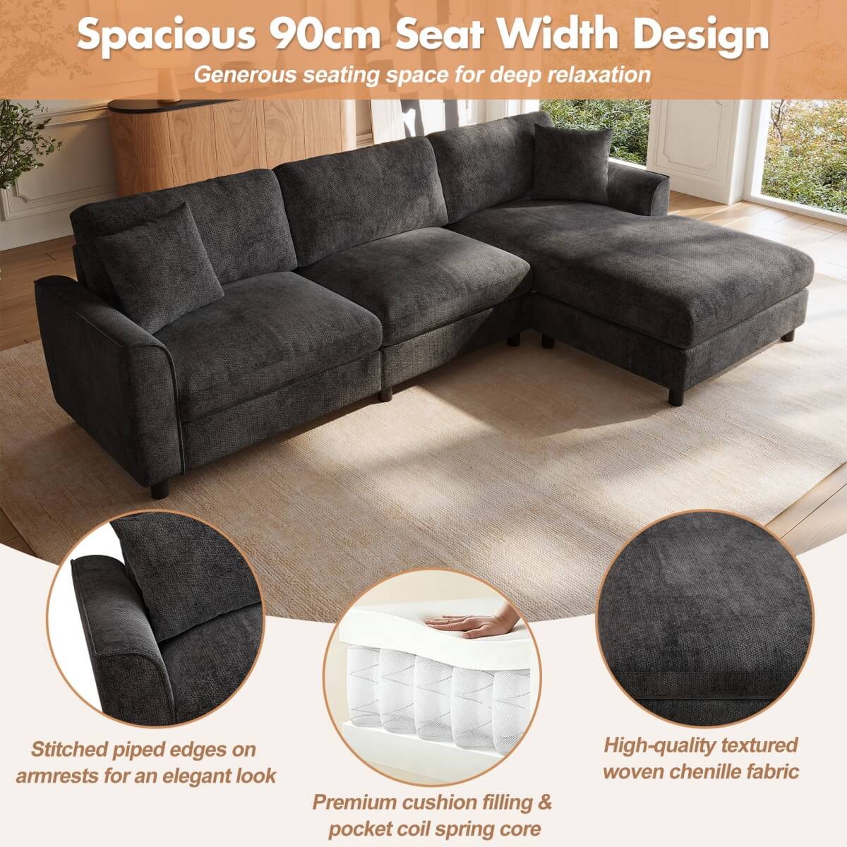 L-Shaped 3-Seater Sectional Sofa with Reversible Chaise - 90cm Extra-Wide Chaise Seat, Chenille Fabric, Grey